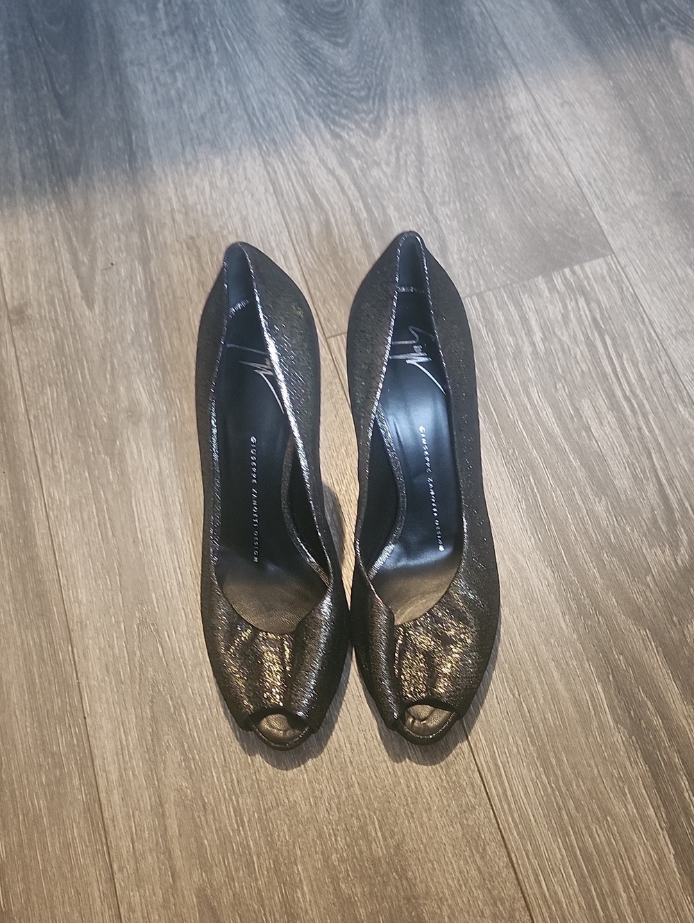 Giuseppe Zanotti Black Glitter Peep-Toe Pumps